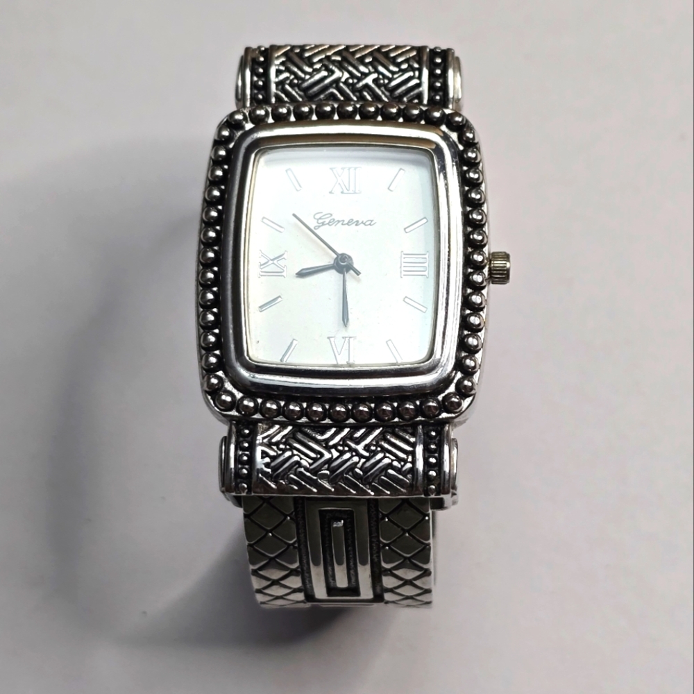 Silver Geneva Watch with Intricate Cuff Bracelet Band